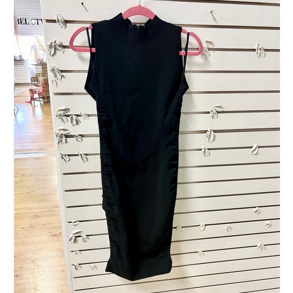 Milly Sleeveless Shirred Side Mock Neck Knit Sheath Dress Black Women's Size L - Picture 2 of 6